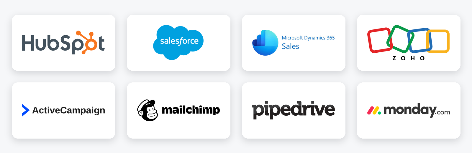 The eight CRMs compared: HubSpot, Salesforce, Microsoft Dynamics 365 Sales, Zoho One, ActiveCampaign, Mailchimp, Pipedrive and monday CRM