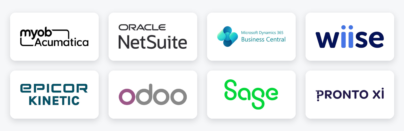 The eight ERP platforms compared on AI: MYOB Acumatica, Oracle NetSuite, Microsoft Dynamics 365 Business Central, Wiise, Epicor Kinetic, Odoo, Sage Intacct and Pronto Xi