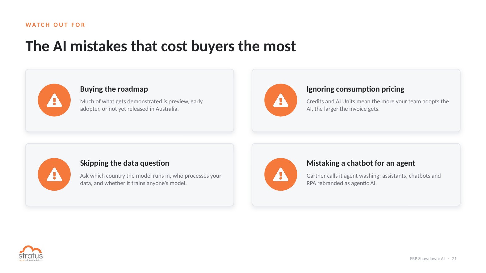 The ERP AI mistakes that cost buyers the most: buying the roadmap, ignoring consumption pricing, skipping the data question, agent washing