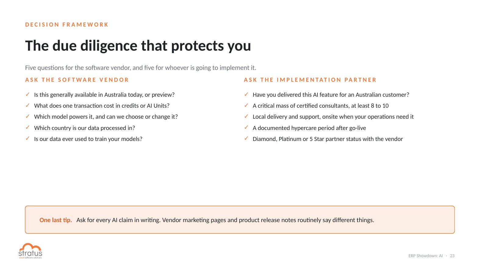 ERP AI due diligence checklist: questions for the software vendor and the implementation partner